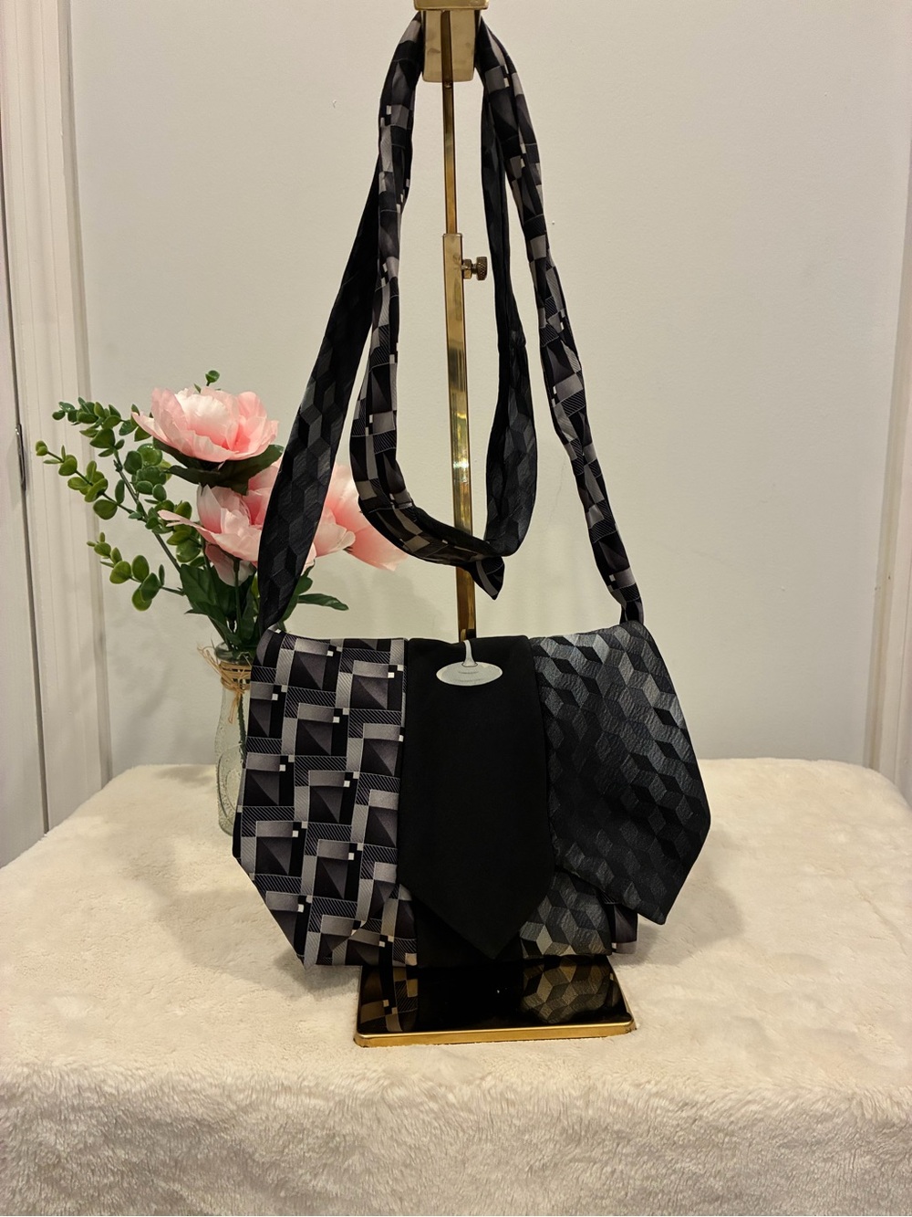 Handcrafted  Black & Gray Made From Neck Ties Women's Shoulder Bag